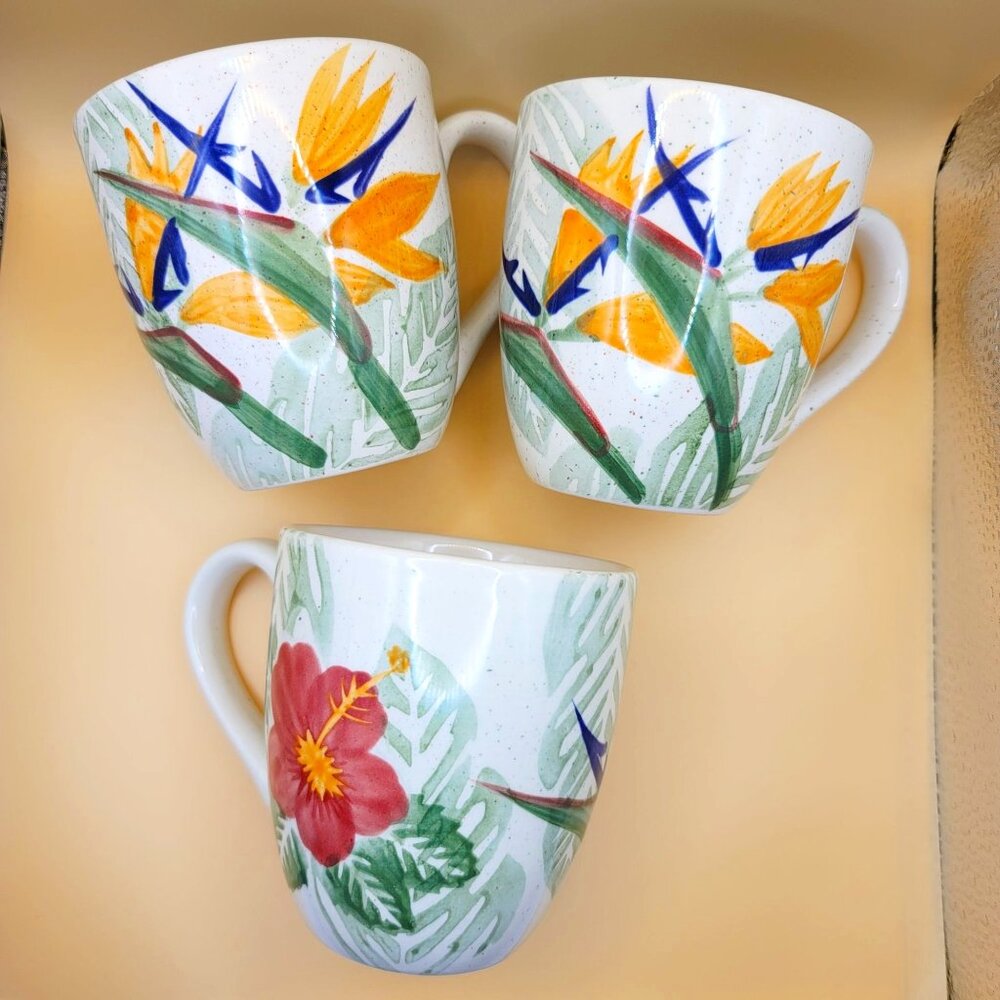 Botanica Mugs Handpainted Stoneware KIC Floral Hibiscus Design Set of 3 DH879